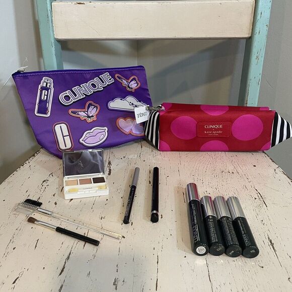 Clinique Eye Makeup Lot Of 11 Bags Kate Spade Mascara Eye Liner Shadow Brushes